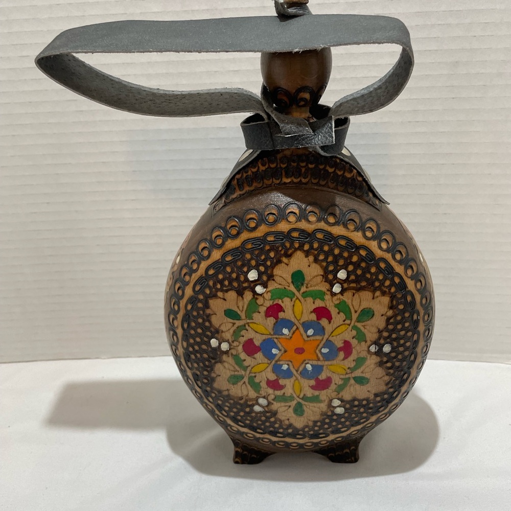 Vintage Handmade Folk Art Ornate Pyrography Wood Wine Flask 10 Inch